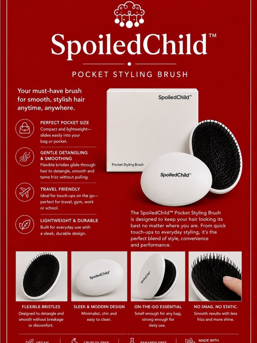 Spoiled White Pocket Styling Brush - Gentle Detangling for all with original box